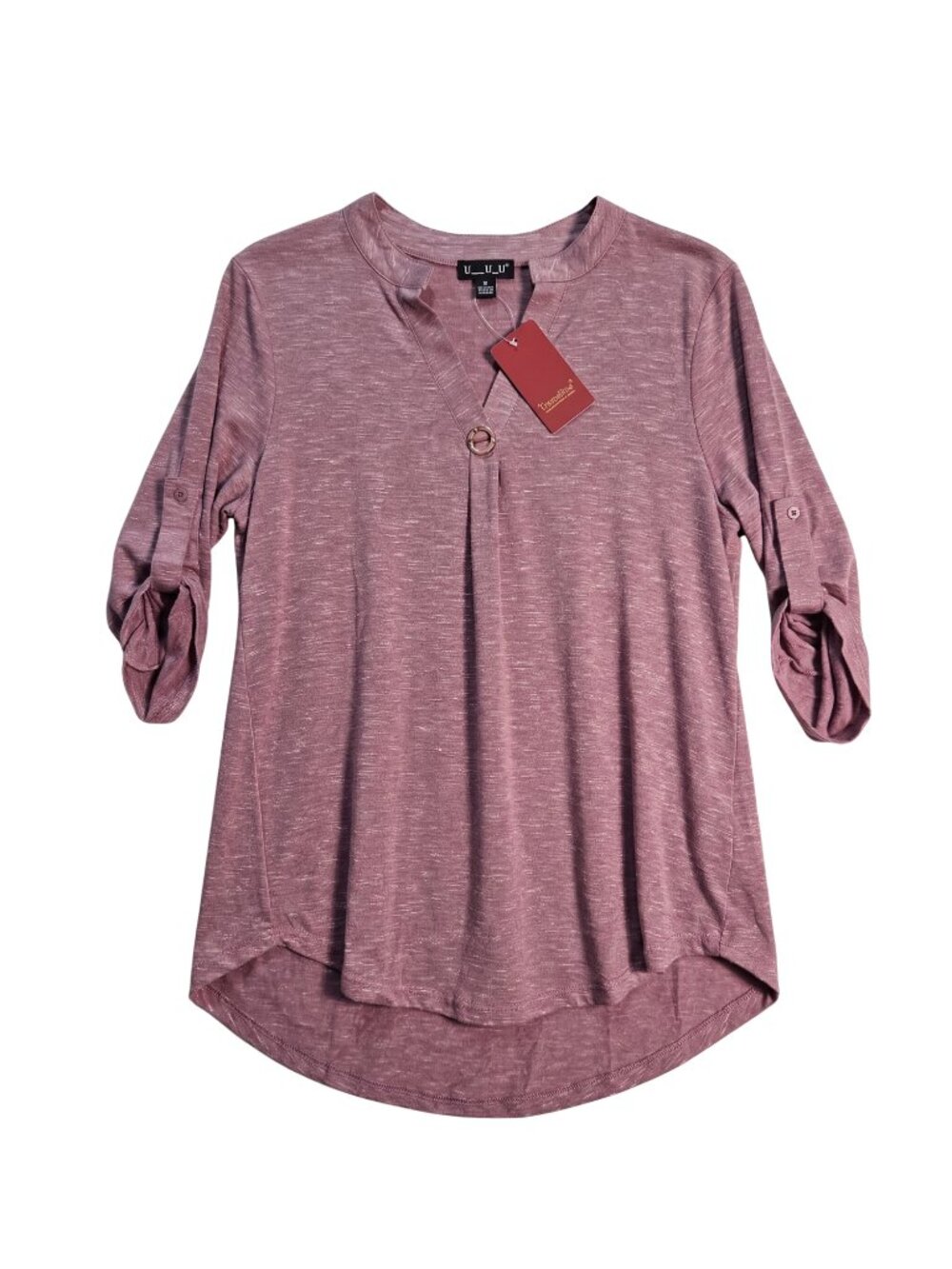 NWT | Casuashion Mauve Rose Melange Roll-Tab Sleeve Split Neck Blouse Medium